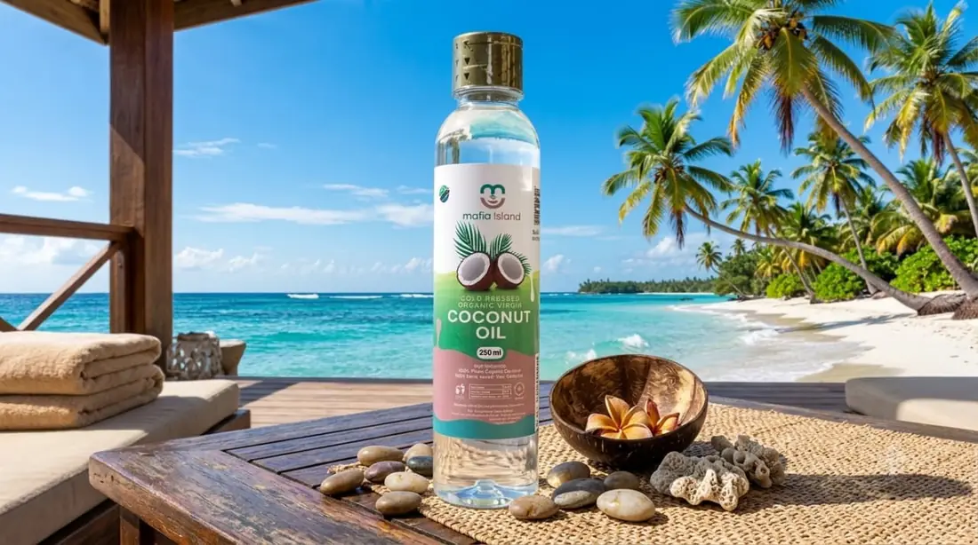 A bottle of mafia island coconut oil on a spa deck beside a coconut-shell bowl, pebbles and folded towels, with a tropical beach behind